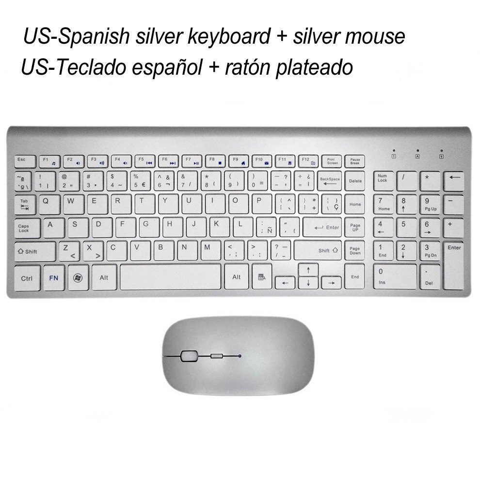 Ergonomiczny Ultra cienki niski poziom hałasu 2.4G bezprzewodowa klawiatura i mysz Combo bezprzewodowa mysz do komputera Mac Pc Windows XP/7/10 tv box z androidem: SILVER US-Spanish