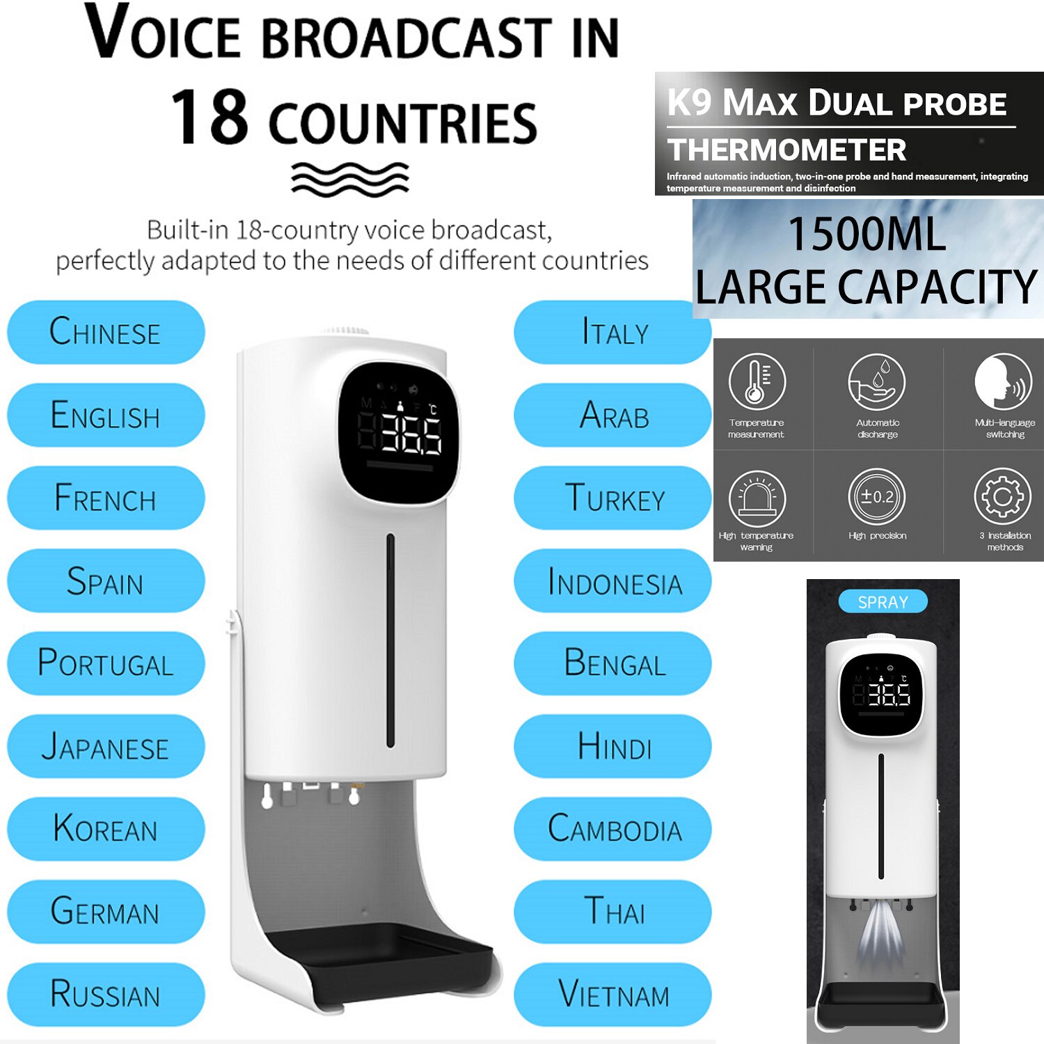 Q7MAX Automatic Liquid Soap Dispenser Smart Sensor Digital Non-Contact Infrared Thermometer Hands Washing Free Sanitizer Machine: black
