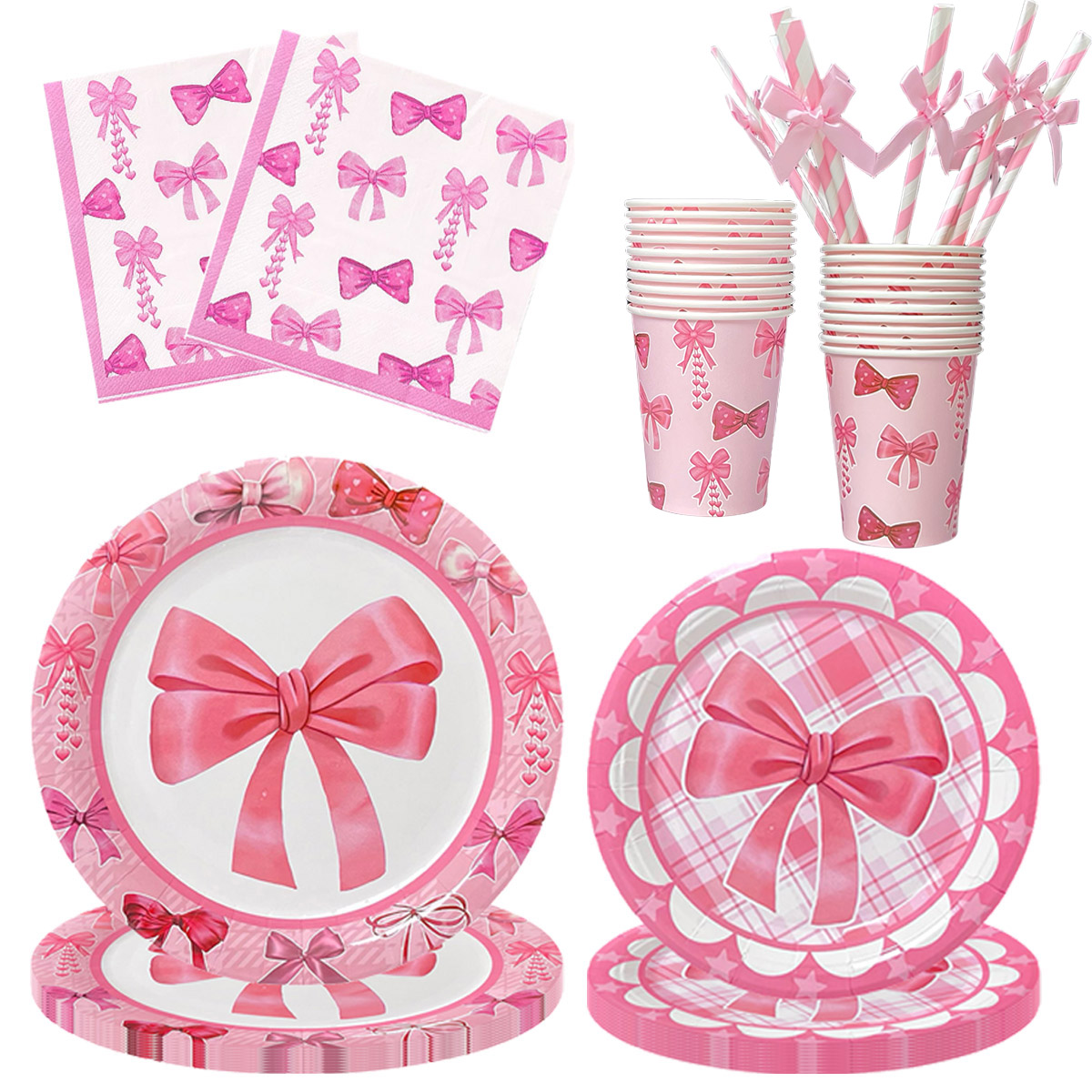 Lyserød sløjfe fødselsdag engangsservice sløjfe paptallerken kop serviet sugerør lyserød sløjfe brudeforlovelse bryllup polterabend dekoration