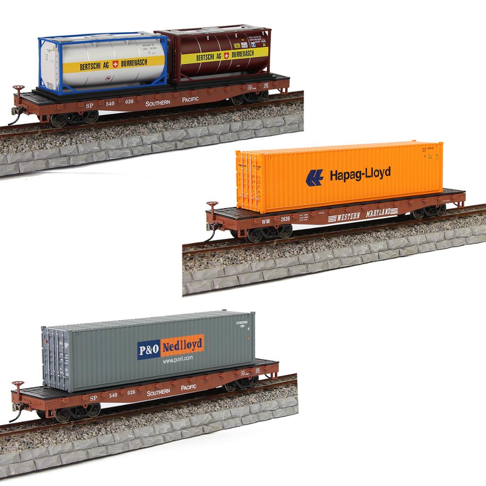 C8741 Model Railway Layout HO Scale 1:87 52ft Flat Car with 40&#39; 20&#39; Container Oil Tanks Lot