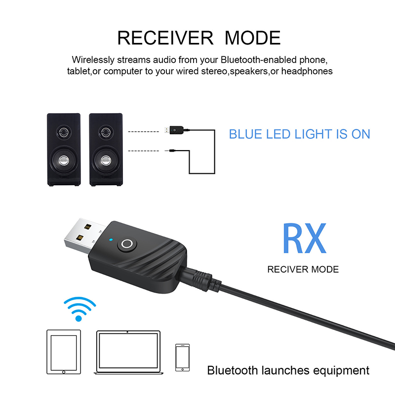 Bluetooth 5.0 sovitin aux audio vastaanotin lähetin 2 in 1 3.5mm jack langaton sovitin ledillä tv kuulokkeille pc autotietokone