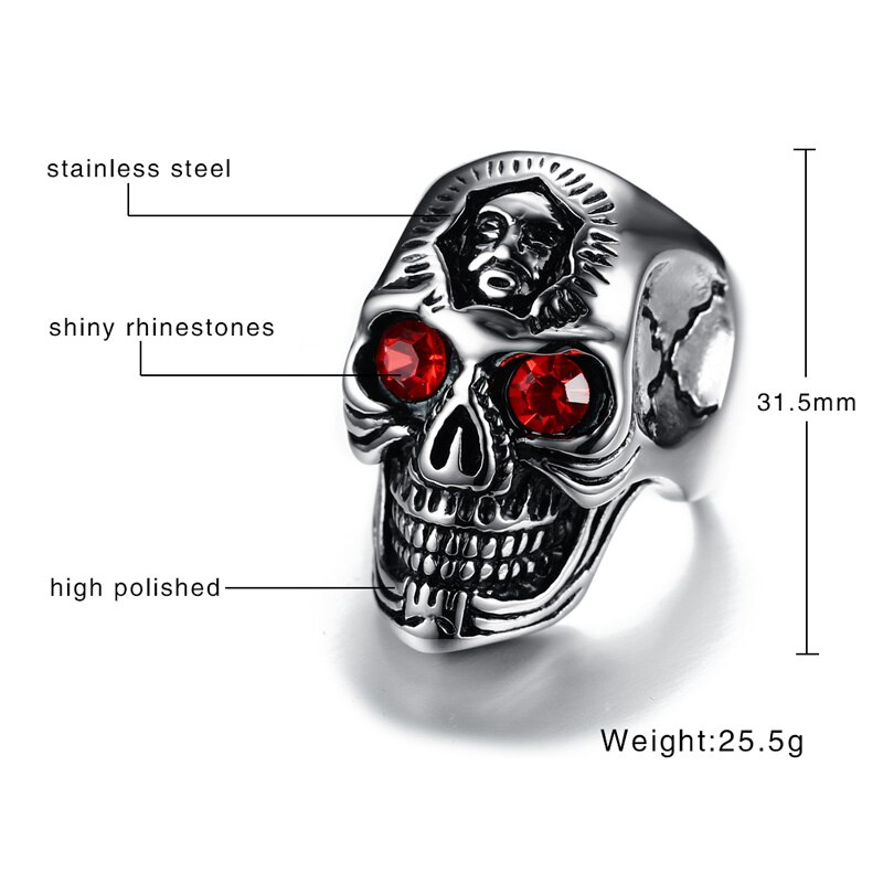 Vnox Mens Skull Ring Hiphop Stainless Steel Skeleton Rings for Men Jewelry with Red Stone Halloween Undead Decorations