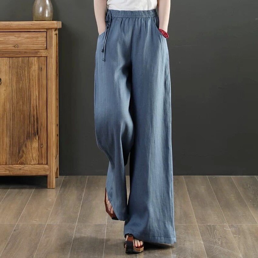 Pantaloni larghi in vita elastica in lino pantaloni Casual da donna in tinta unita allentati letterari 2022 pantaloni estivi Kung Fu di nuovo stile
