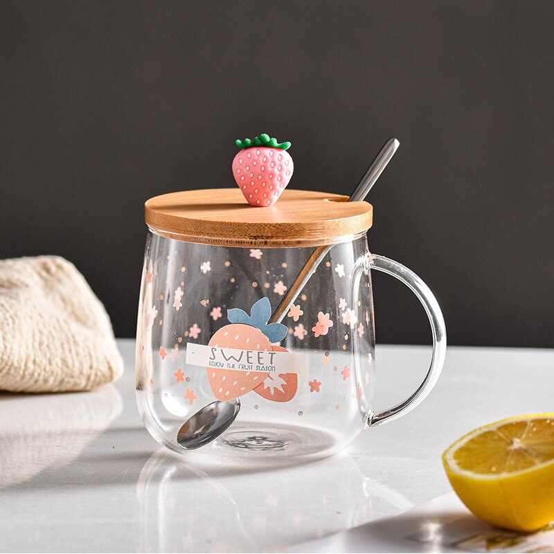 Spoon with lid cartoon strawberry cute water cup transparent cup drinking borosilicate cup coffee milk juice drink cup: C