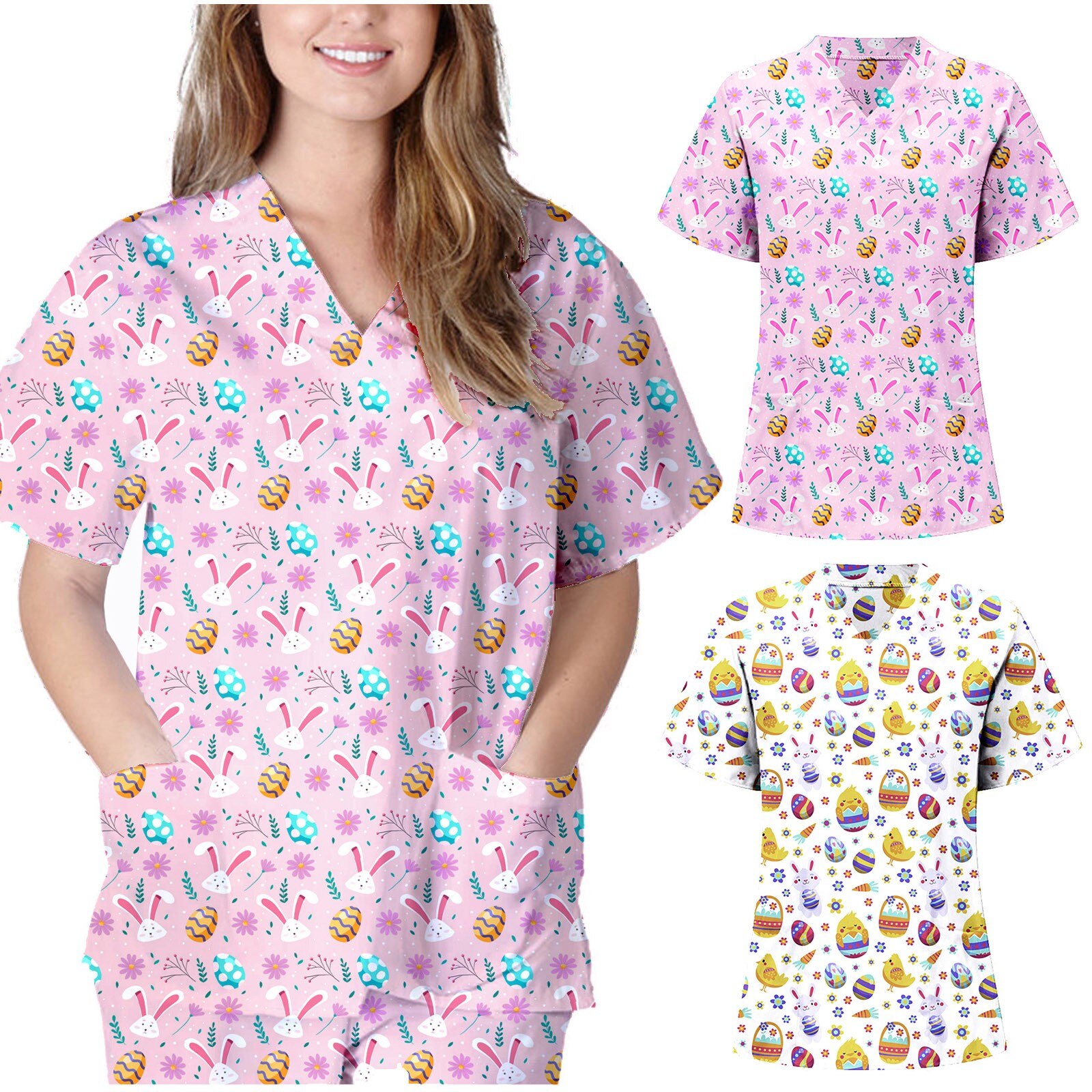 Women Cute Animal Print Nursing Scrubs Tops Shirt Casual Short Sleeve Scrubs Uniforms Nurse Blouse V-neck Pocket Women Clothes