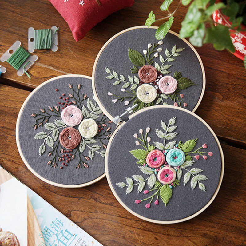 European Simple Plant Flower Embroidery DIY Material Package Handmade Beginner Kit(Including Bamboo Embroidery)
