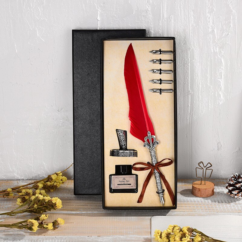 Vintage Antique Feather Dip Pen Metal Nibbed Ink Writing Quill Pen Retro Scrapbooking Feather Pen Set Birthday