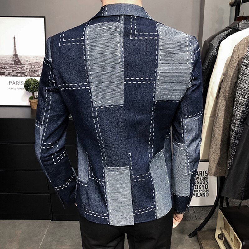 Luxury Denim Blazers Men Spring Autumn Washed Denim Casual Suit Jacket Male Korean Plaid Street Wear Slim Fit Mens Casual Blazer