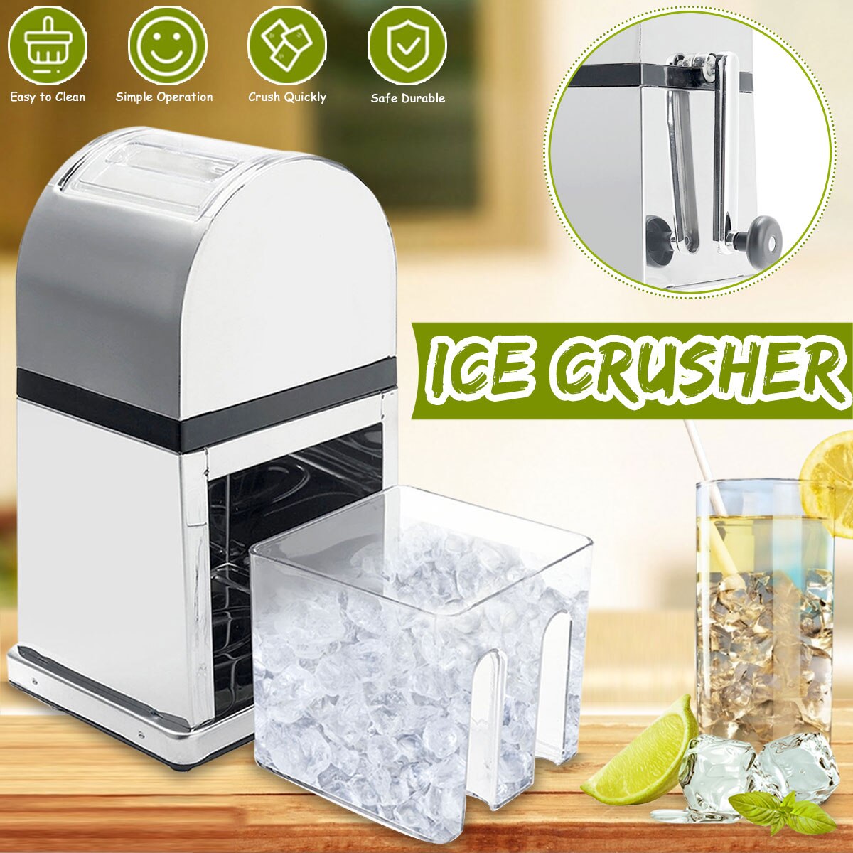Hand Crank Stainless Steel Ice Crusher Mini Ice Shaver Chopper Manual Snow Cone Smoothie Maker Ice Block Slush Breaking Machine