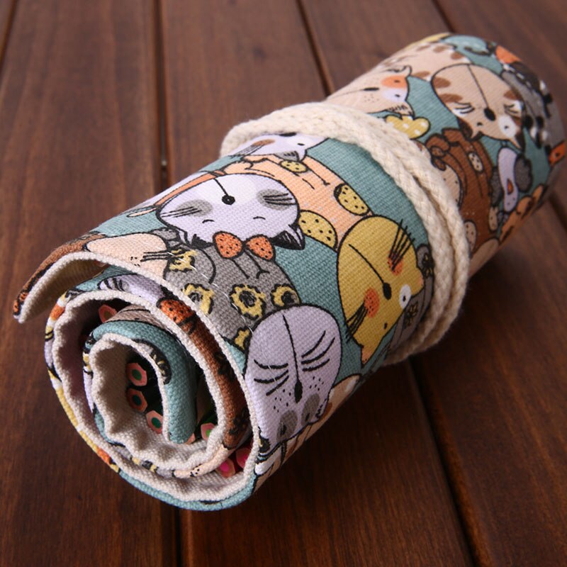Kawaii Cat Roll Pencil Case Canvas 36/48/72/108 Holes School Pencilcase Penalty for Boys Girl Pen Bag Case Stationery Pouch