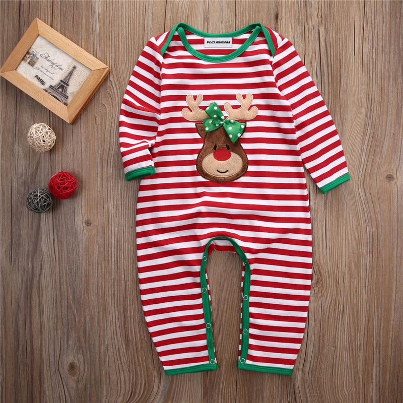 Adorável Listrado Pijama Sleepwear Algodão de Manga Longa Romper Roupas Natal Crianças Recém-nascidas Do Bebê Meninos Meninas Roupas 0-24 M