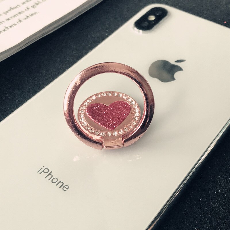 Crystal Round Phone Finger Ring Holder For iPhone Redmi Samsung Thread Metal Grip Rotation Cellphone Stand Mount Bracket: Pink Love