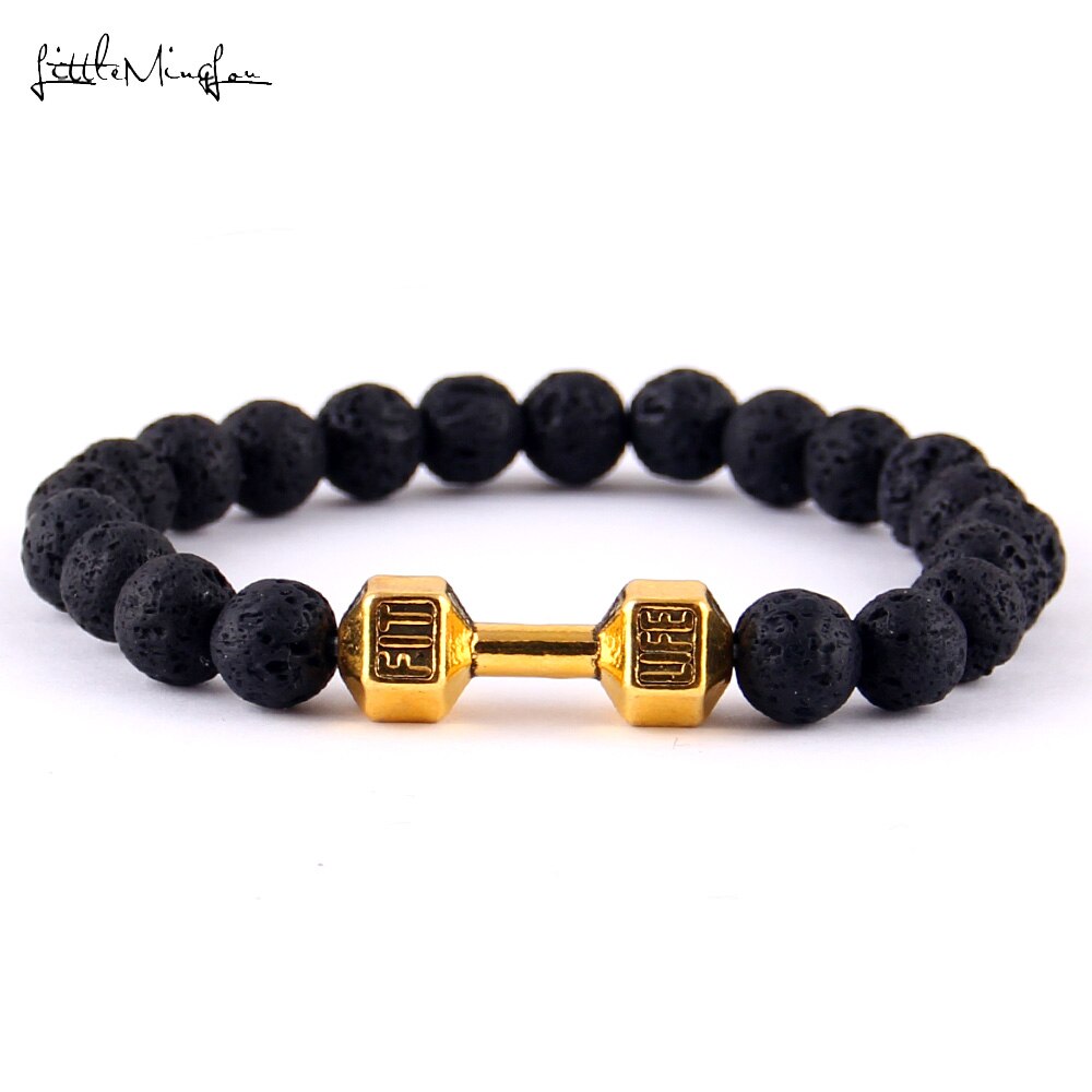 Little Minglittle Fit Life Dumbbell charm fitness bracelet Black Matte stone bead men Bracelets & bangles for women jewelry: 4238g