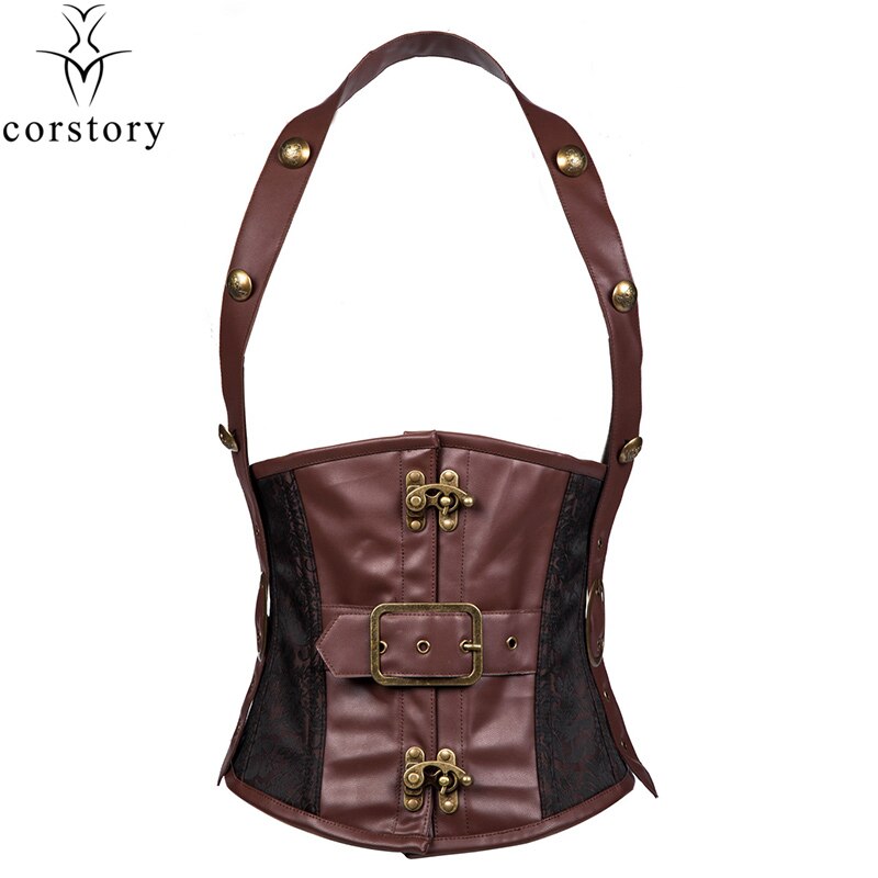 Corstory Retro Brown Leather&Brocade Steel Boned Halter Steampunk Underbust Gothic Underbust Corset Belt Waistcoat