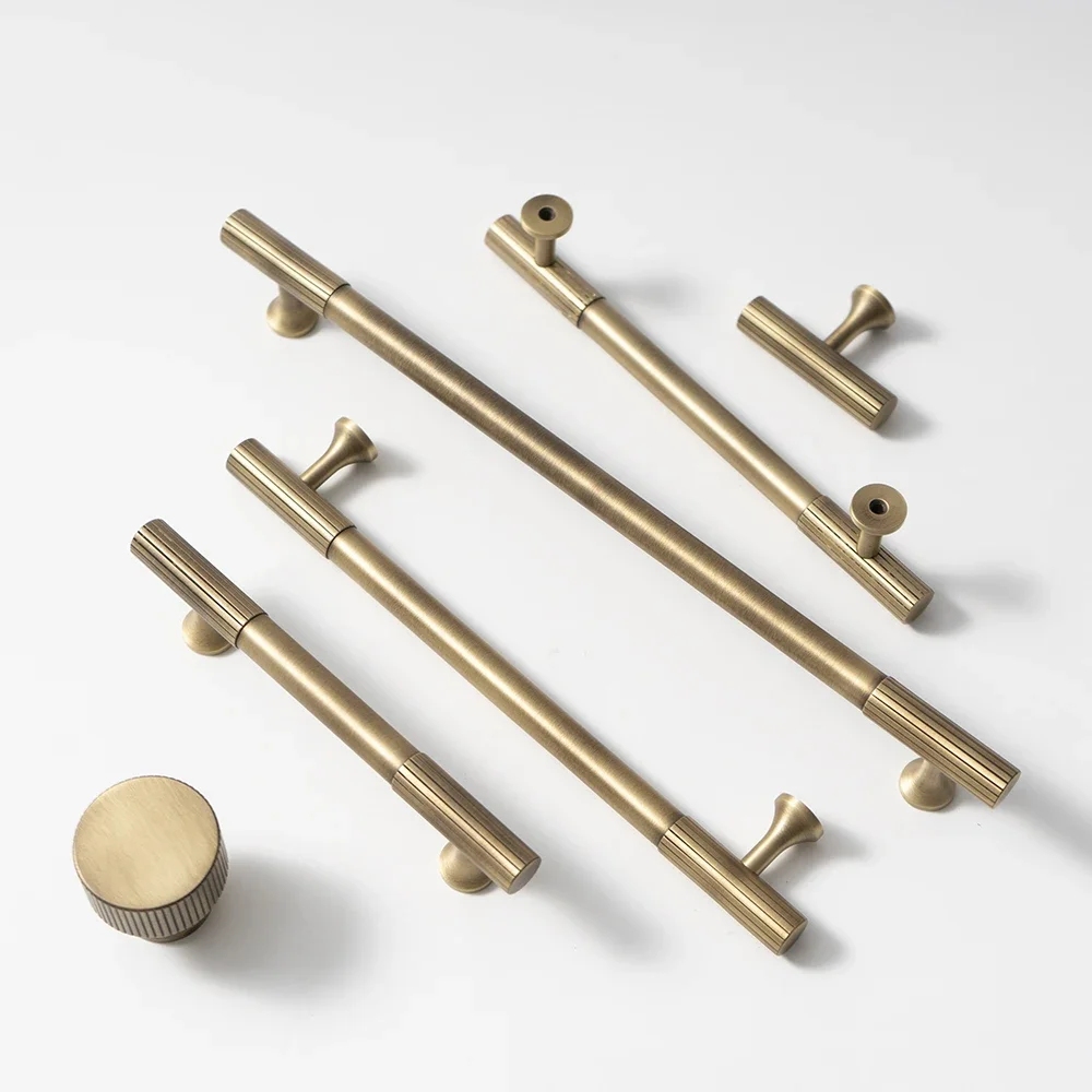 Manija y perilla de gabinete de bronce antiguo, perillas de cajón de latón macizo lineal, barra retro, herrajes para muebles de armario de cocina y dormitorio