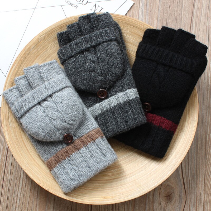 Guantes sin dedos de invierno para hombre, mitones de lana tejidos, manoplas cálidas de terciopelo para invierno, manoplas cálidas para hombre, medio guantes de conducir dedo