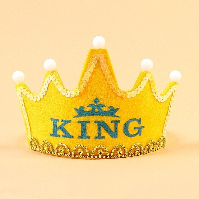 LED King Princess Happy Birthday Felt Crown Hats Baby Shower Boy Girl Birthday Party Headband Decorations Supplies: yellow king