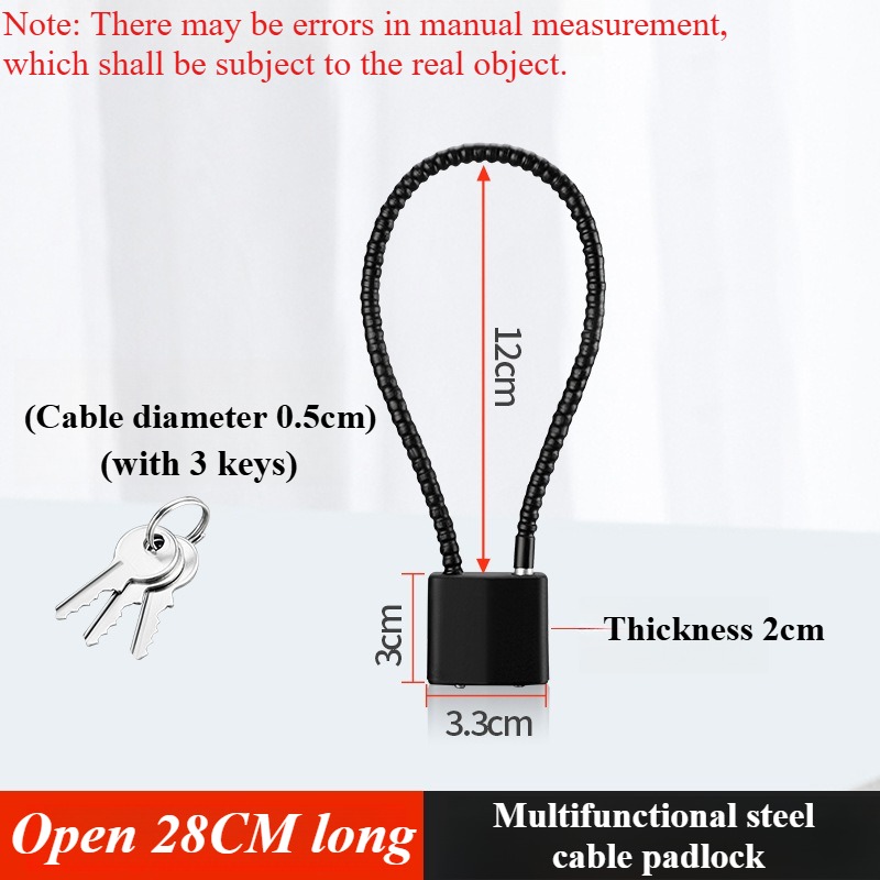 Portable Multifunctional Cable Lock Flexible Equipped with Keys Padlock Waterproof Alloy Steel Suitcase Lock Bicycle: black