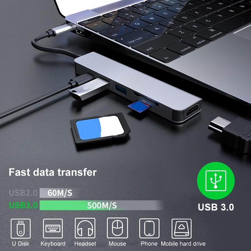 USB C Typ C Hub Adapter mit 4K HDMI-kompatibel Multiport Kartenleser USB 3,0 TF PD Video multi Häfen Hub für Macbook Laptop