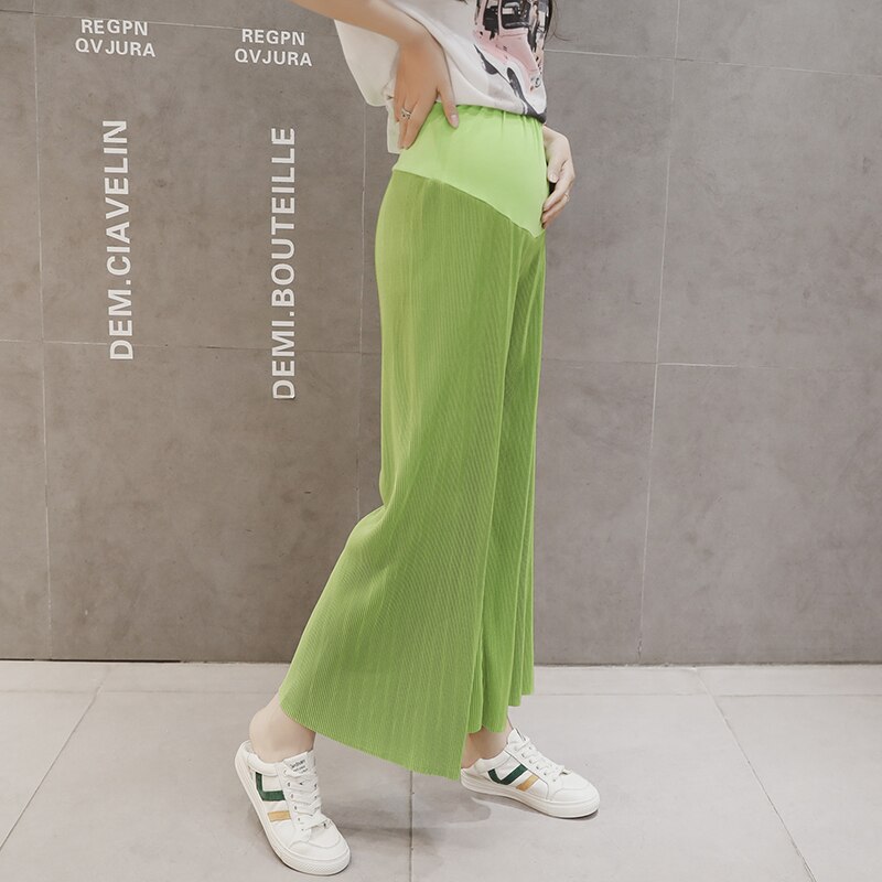 Maternity Pants Summer Pleated Wed-leg Loose Chiffon Adjustable Elastic Waist Belly Support Pants Maternity Trousers
