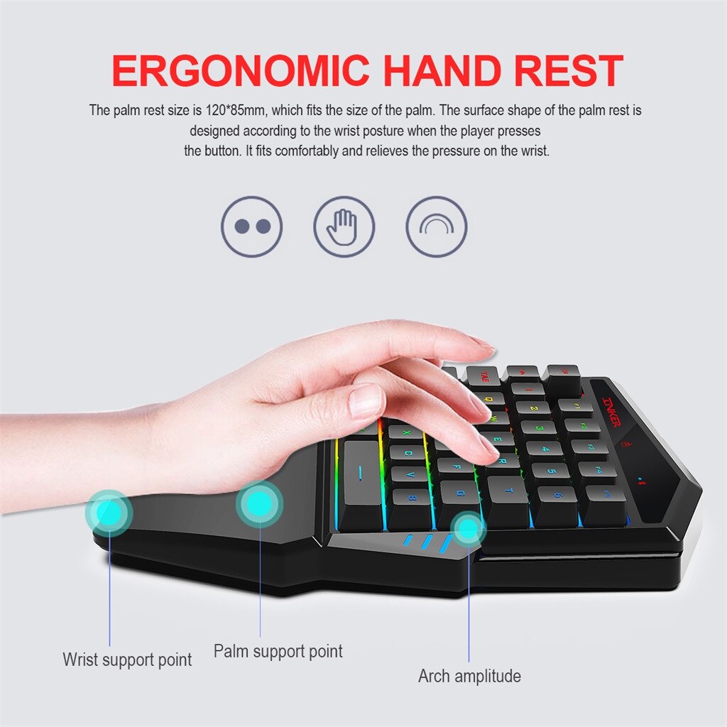 Portable Ergonomic Computer Silent PC Gamer Multicolor Backlight One-Handed Game Blueteoth Keyboard Wired Mouse