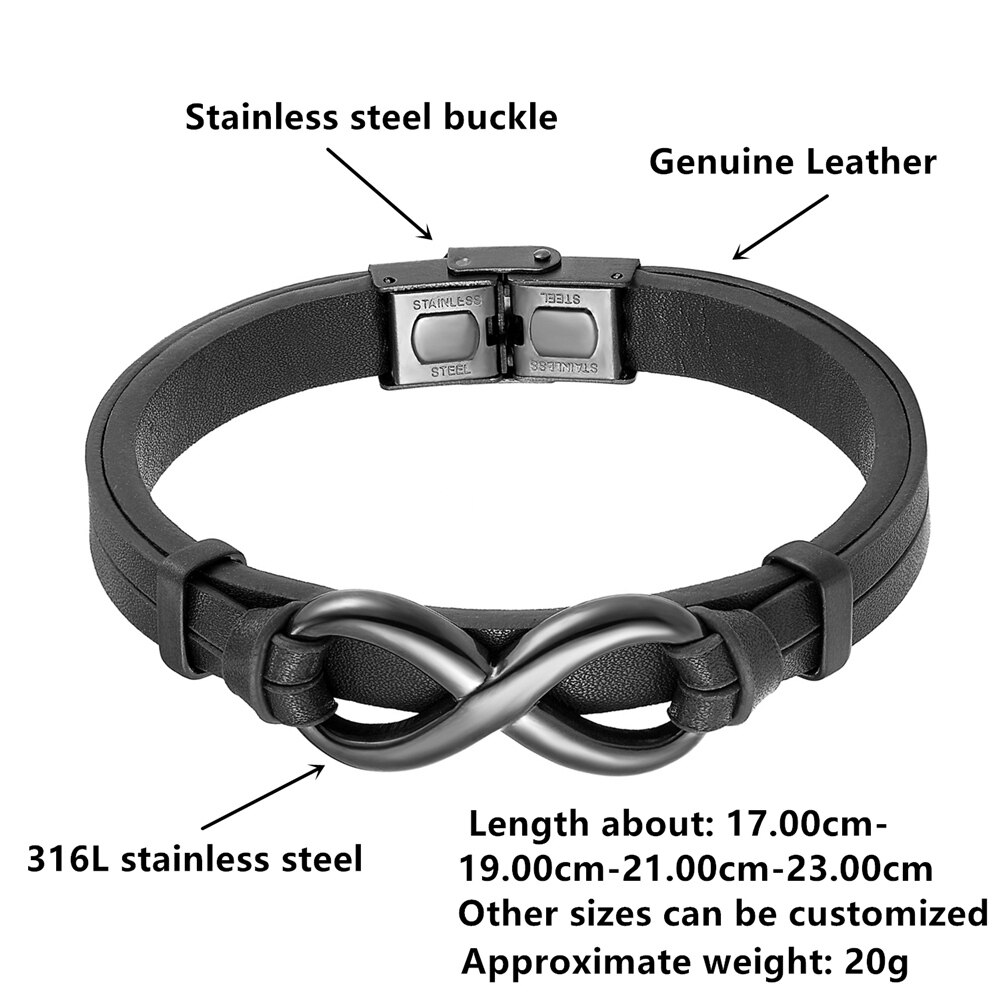 Men Black 8 Words Stainless Steel Leather Bracelet Classic Bangle 19/21/23cm Valentine&#39;s Day For Men Women