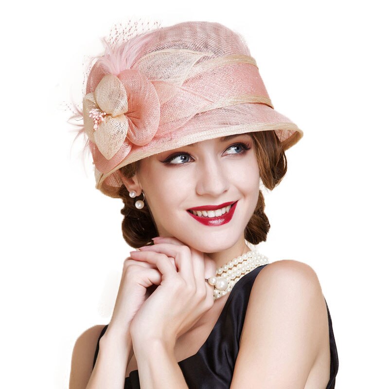 FS Sinamay-sombreros de flores para mujer, sombrero rosa de ala ancha, estilo Derby, tocado para boda, iglesia, , Chapeu femenino: Pink Fedoras