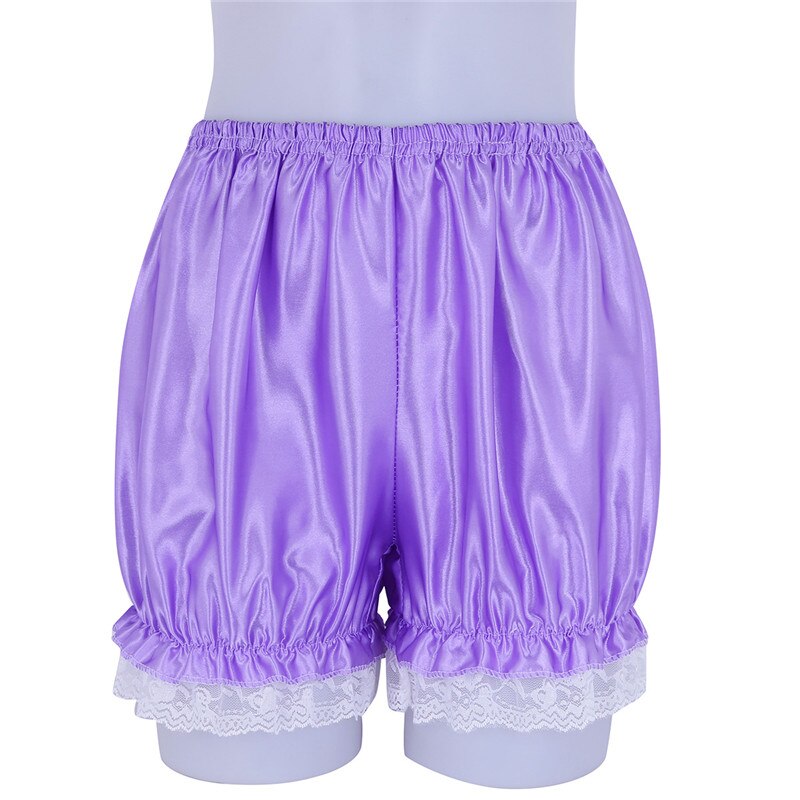 Women Female Elasticity Short Bloomers Girls Soft Lolita Lace Hem Shiny Pumpkin Bloomers Shorts Pants Cute Security Short Pants: Purple