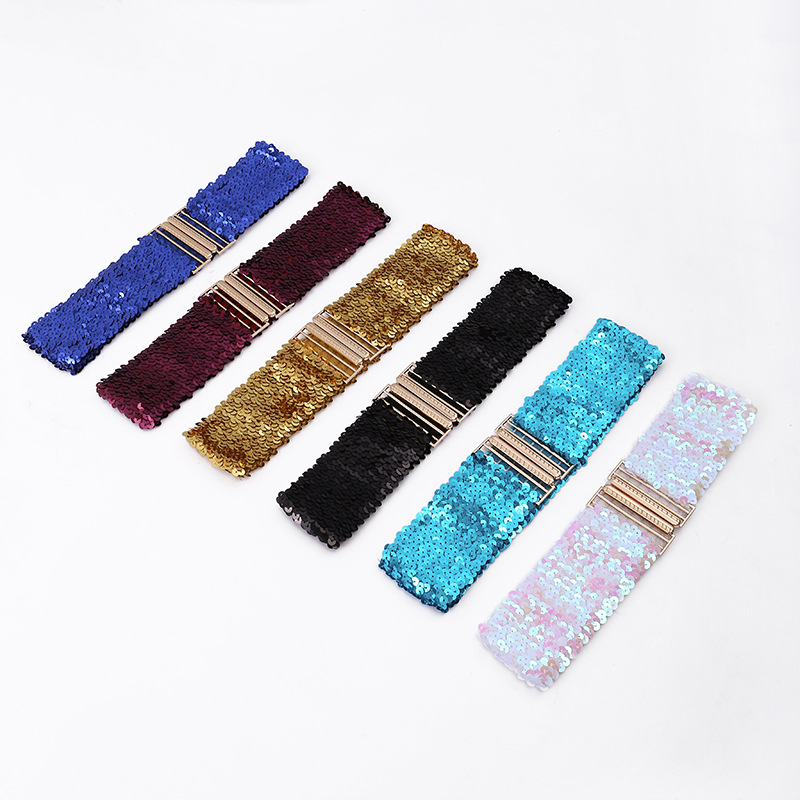 Cinto feminino de lantejoulas, elástico e brilhante, estilo corset, com fivela de metal, alça decorativa para corset, acessório para vestido de festa.