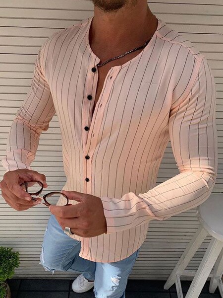 Skjorte mænd forår sommer seje toppe herre skjorte stribet slim fit casual skjorter o hals afslappet skjorte