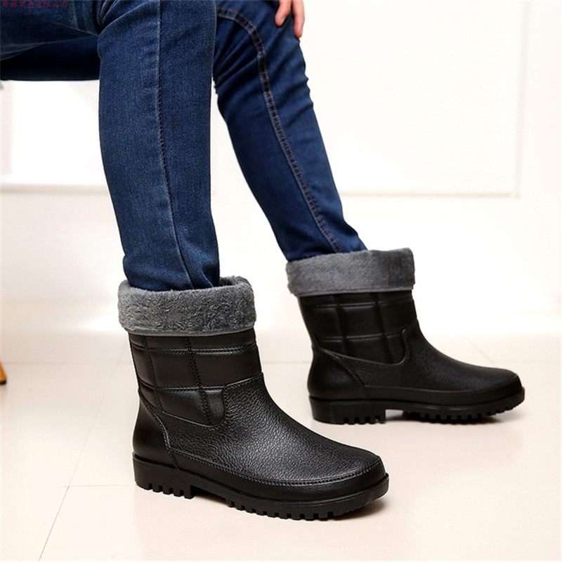 Plus size leather pattern men's rain boots plus velvet cotton warm short tube rain boots fishing anti-slip shoes rubber shoes
