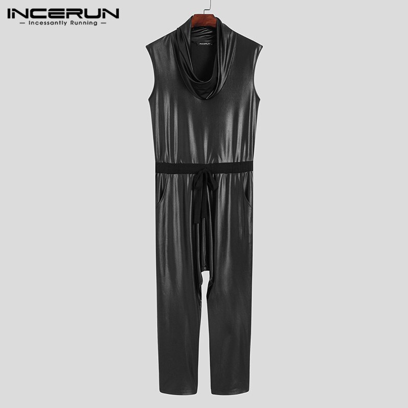 hommes combinaisons Streetwear sans manches col roulé faux cuir salopette pantalon à lacets solide décontracté hommes barboteuses INCERUN