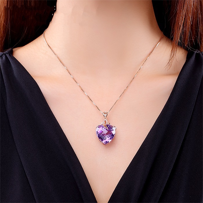 Pingente de ametista de coração banhado a ouro 18K banhado a pedra preciosa colorida colar de diamante roxo natural joias da moda: Default Title