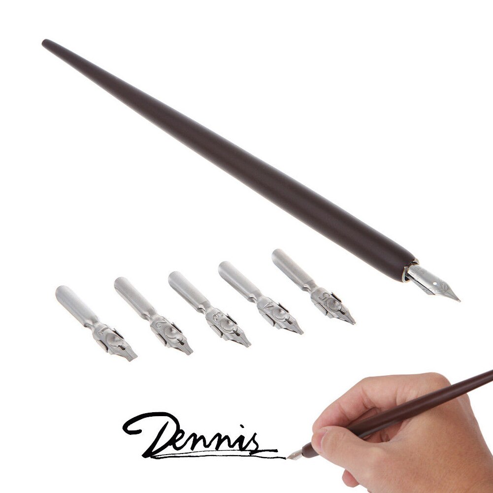 Dip Pen Stainless Steel Nib Wooden Case Wood English Calligraphy Copperplate Script Oblique Pen Holder With 5 Nib
