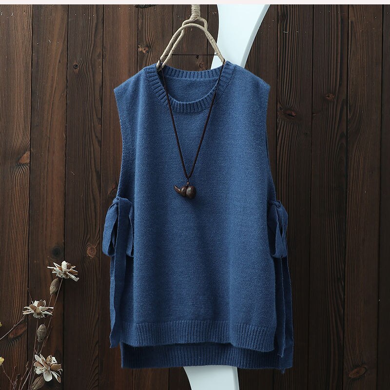 Chaleco de punto de Color liso con cuello redondo para mujer, chaleco Pullover holgado ancho con aberturas, estilo literario