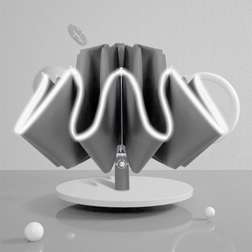 Umbrella Women's Automatic Umbrella Male LED Automatic With Reflective Stripe 3-Folding Inverted 10 Ribs UV Umbrellas: Automatic-grey