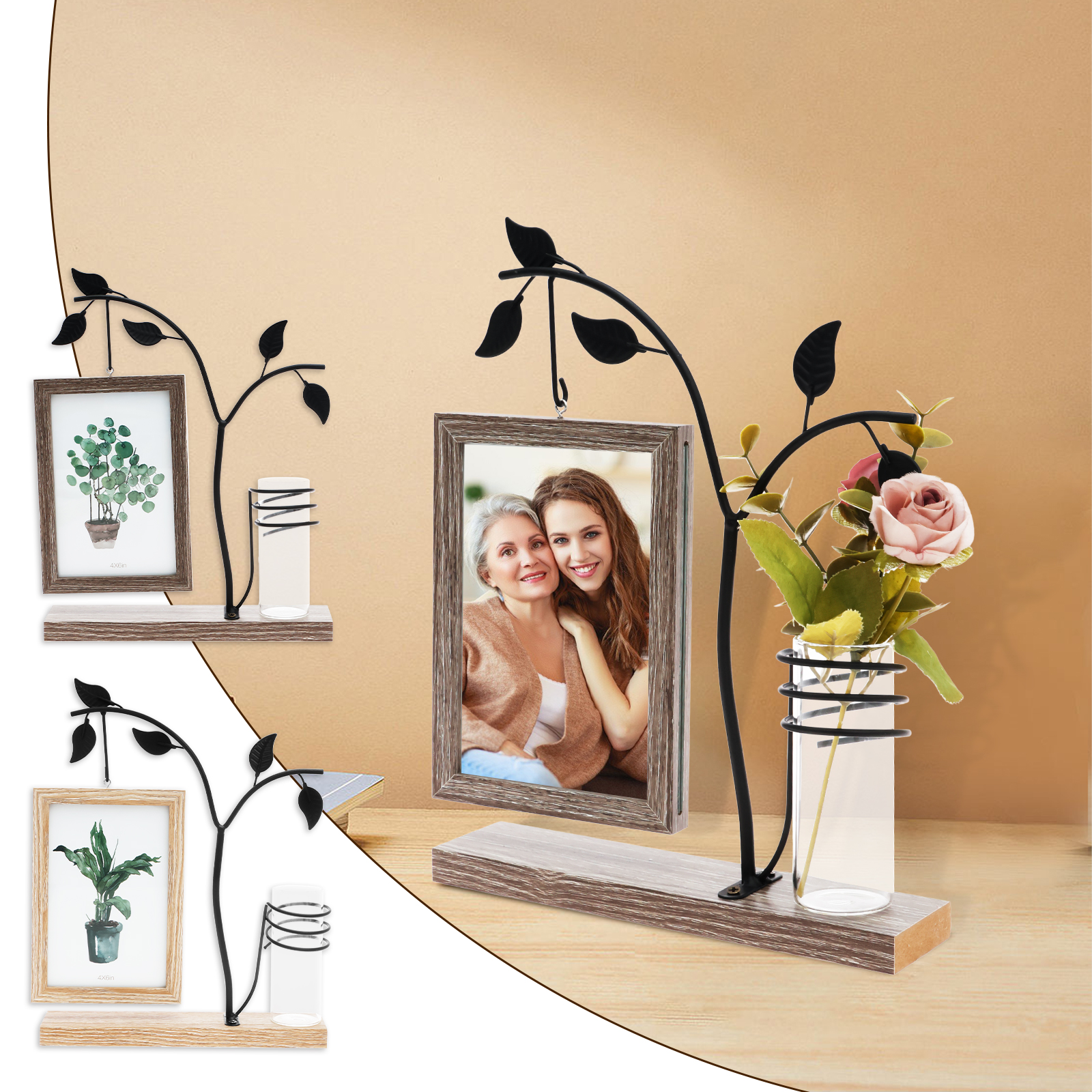 Art Frames 4X6 Fotolijst Ingelijste foto Dubbelzijdig Woondecoratie Opbergrek met standaard en glazen vaas voor bloemenplanten