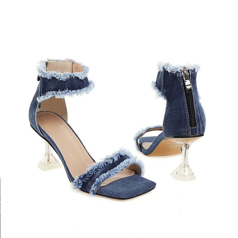 Sgesvit-Sandalias vaqueras con flecos para mujer, zapatos clásicos de Punta abierta, de verano, con tacón alto, color azul,