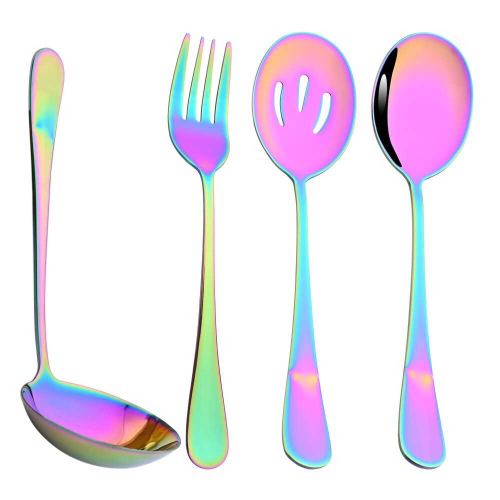 4Pcs Silver Dinnerware Set Stainless Steel Cutlery Serving Utensils Buffet Catering Flatware Serving Colander Spoon Flatware Set: Rainbow