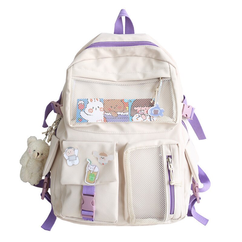 Nylon Vrouwen Rugzak Mode Waterdichte Rugzak Voor Tienermeisjes Schooltas Leuke Student Boekentas Reizen: 4 With Bear Pendant