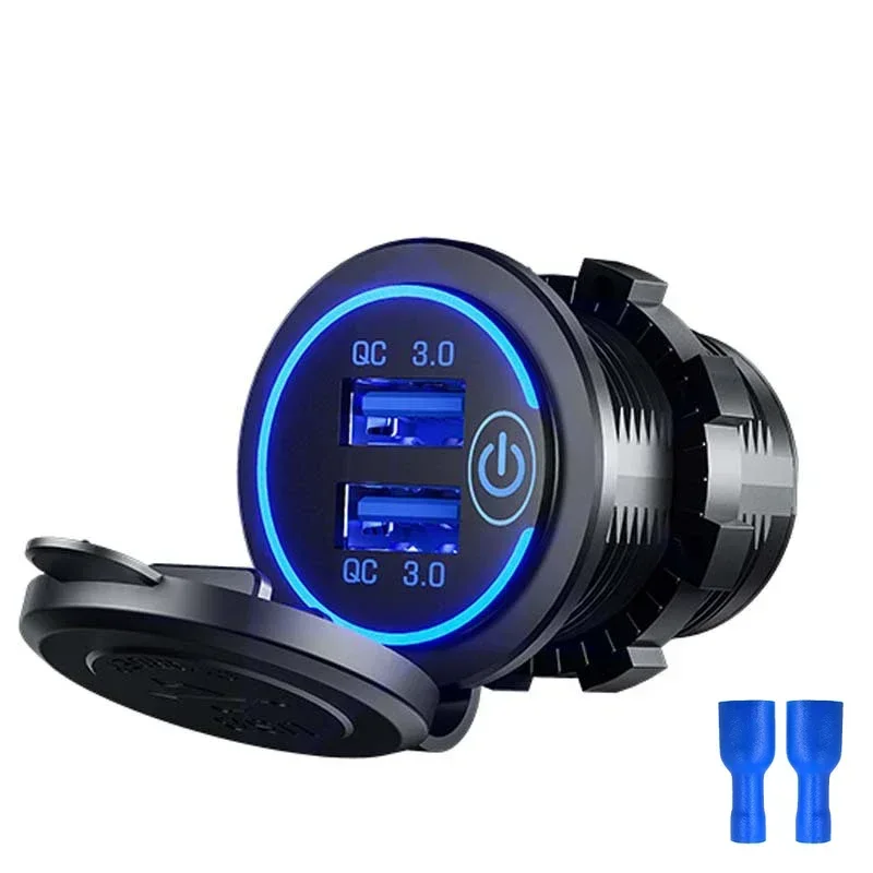Quick Charge 3.0 Dual USB Fast Car Charger Socket accessori presa di corrente impermeabile 12V/24V QC3.0 con interruttore tattile e luce a Led: Black