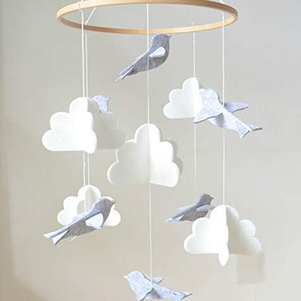 Baby Crib Mobile Vogels & Wolken Vilt Nursery Plafond Decoratie Voor Meisjes & Jongens Grijs & Wit