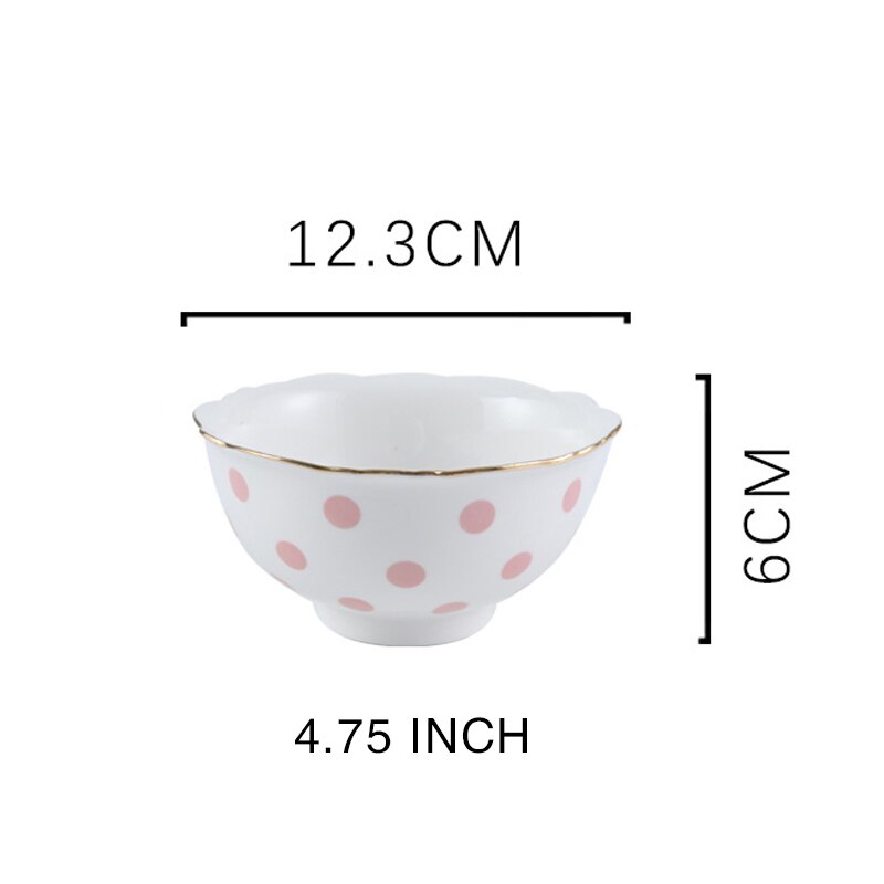 10inch Food Tray Gold Edge Dinnerware Set Polka Dot Dinner Plate Set Soup Dish Steak Flat Plate Flower Shape Breakfast Tableware: Pink 4.75inch bowl