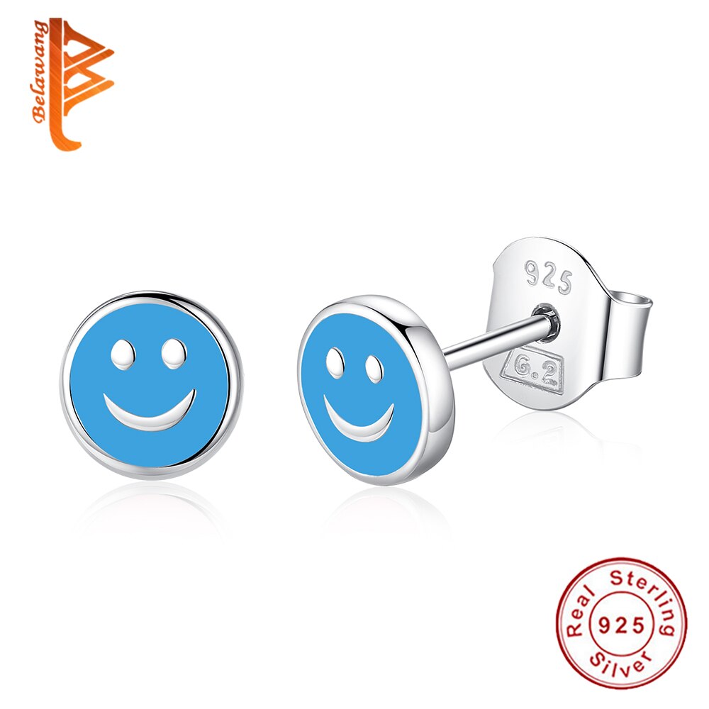 Belawang 925 Sterling Zilver Stud Oorbellen Voor Vrouwen Meisjes Roze Geel Enamel Glimlach Gezicht Oorbellen Sieraden Voor Kids Kinderen