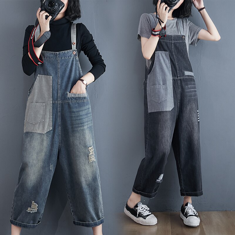 Ropa de calle gris negro mujer mono mezclilla holgada oversize rasgada Mom Jeans monos camal ancho Patchwork bolsillo Correa pantalones holgados