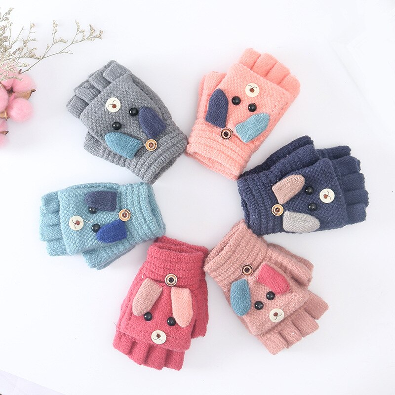1 Paar Winter Warm Kids Jongens Meisjes Handschoenen Leuke Dier Patroon Breien Wol Mooie Half Vinger Handschoenen Voor Kinderen