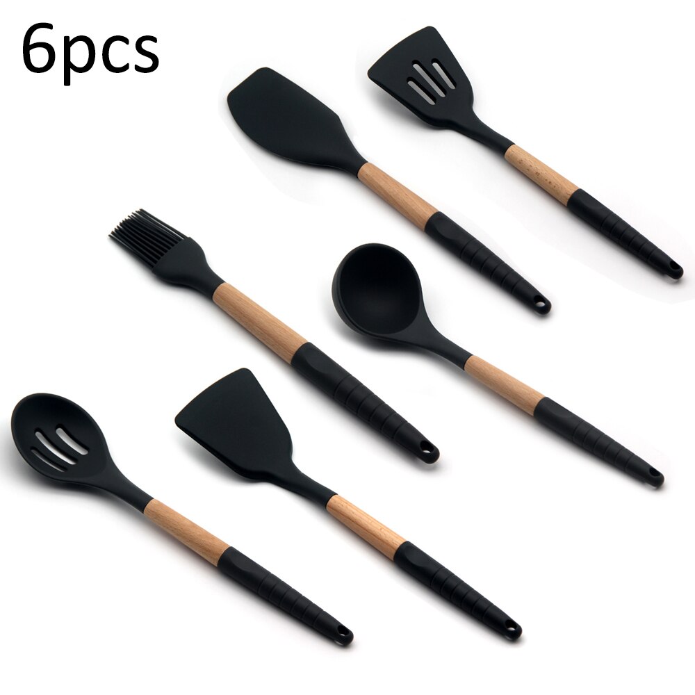 Boîte de rangement pour ustensiles de cuisine, cuillère à soupe en bois Silicone, spatule brosse, grattoir outils de cuisine noirs: 6PCS