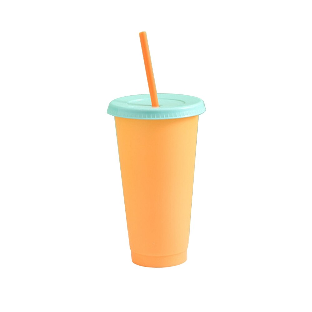Farveændrende kolde drikke kopper genanvendelig temperaturfølsom plastik farverig kaffekop med låg og sugerør: Orange