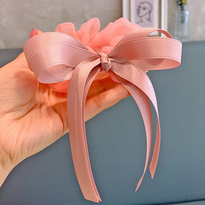 Large Ribbon Bowknot Hair Scruchies Girls Streamer Ponytail Holder Kids Flower Elastic Hair Bands Hair Ring Sweet Accessories: Pink