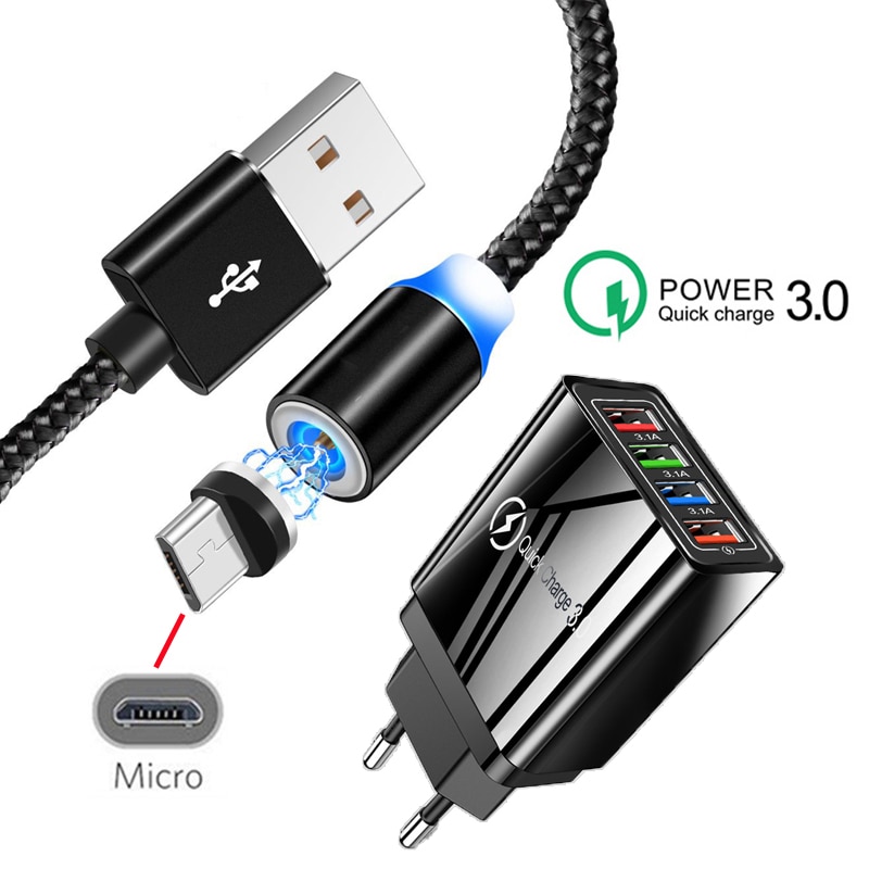 Cargador rápido de viaje adaptador EU Plug QC 3,0 para Huawei Honor 7A 7C 8A 6C Pro 6A 6X 7X 8X P8 P9 Cable magnético Micro USB Cable de datos